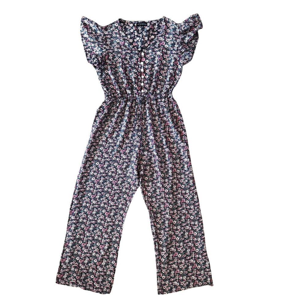 Larsyn & Lily Womens Micro Floral Jumpsuit M Flutter Sleeves Button Cinch Waist